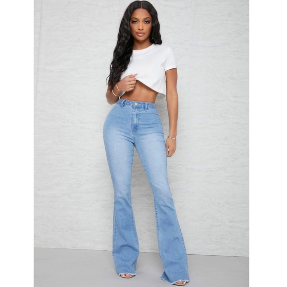 Flared Leg Blue Jeans High Waist for Curvy Hips Long Denim Bell Bottom - Picture 7 of 8
